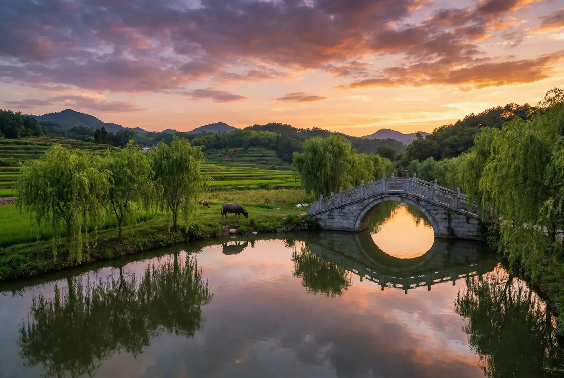 夕阳下的石拱桥与垂柳，水牛在河边吃草 - 草莓视频向日葵视频绿巨人 乡村美景