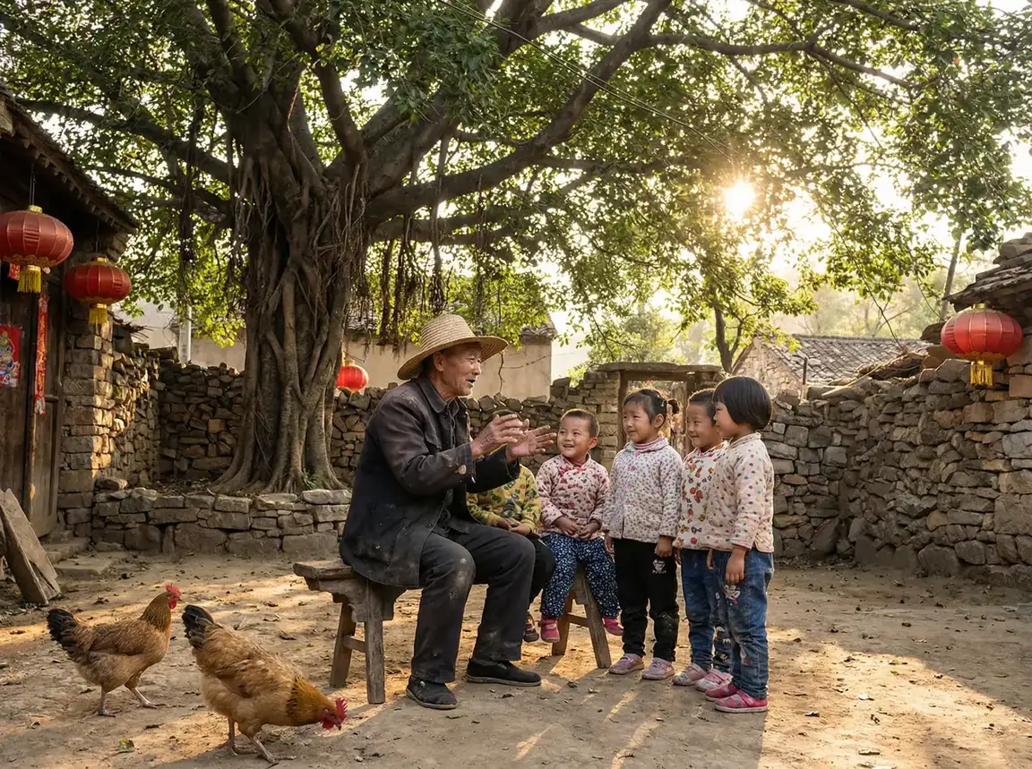 老人在大榕树下给孩子们讲故事 - 草莓视频向日葵视频绿巨人 乡村记忆
